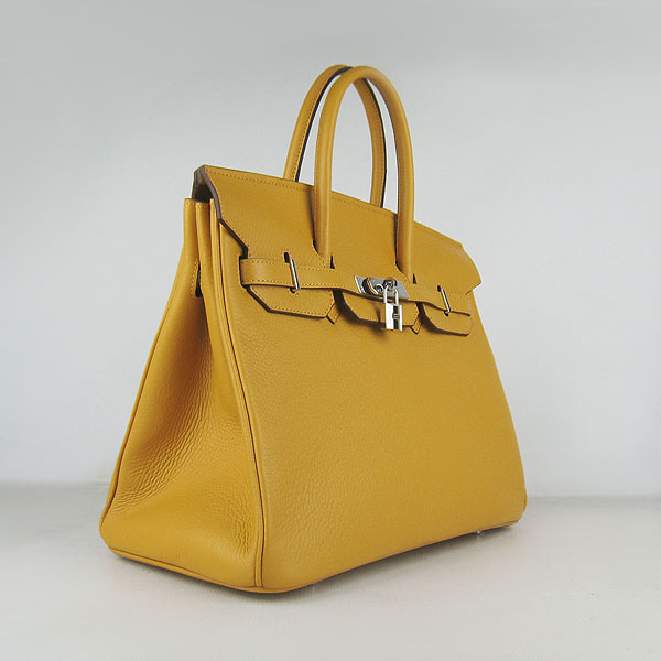 High Quality Fake Hermes 35CM Embossed Veins Leather Bag Yellow 6089